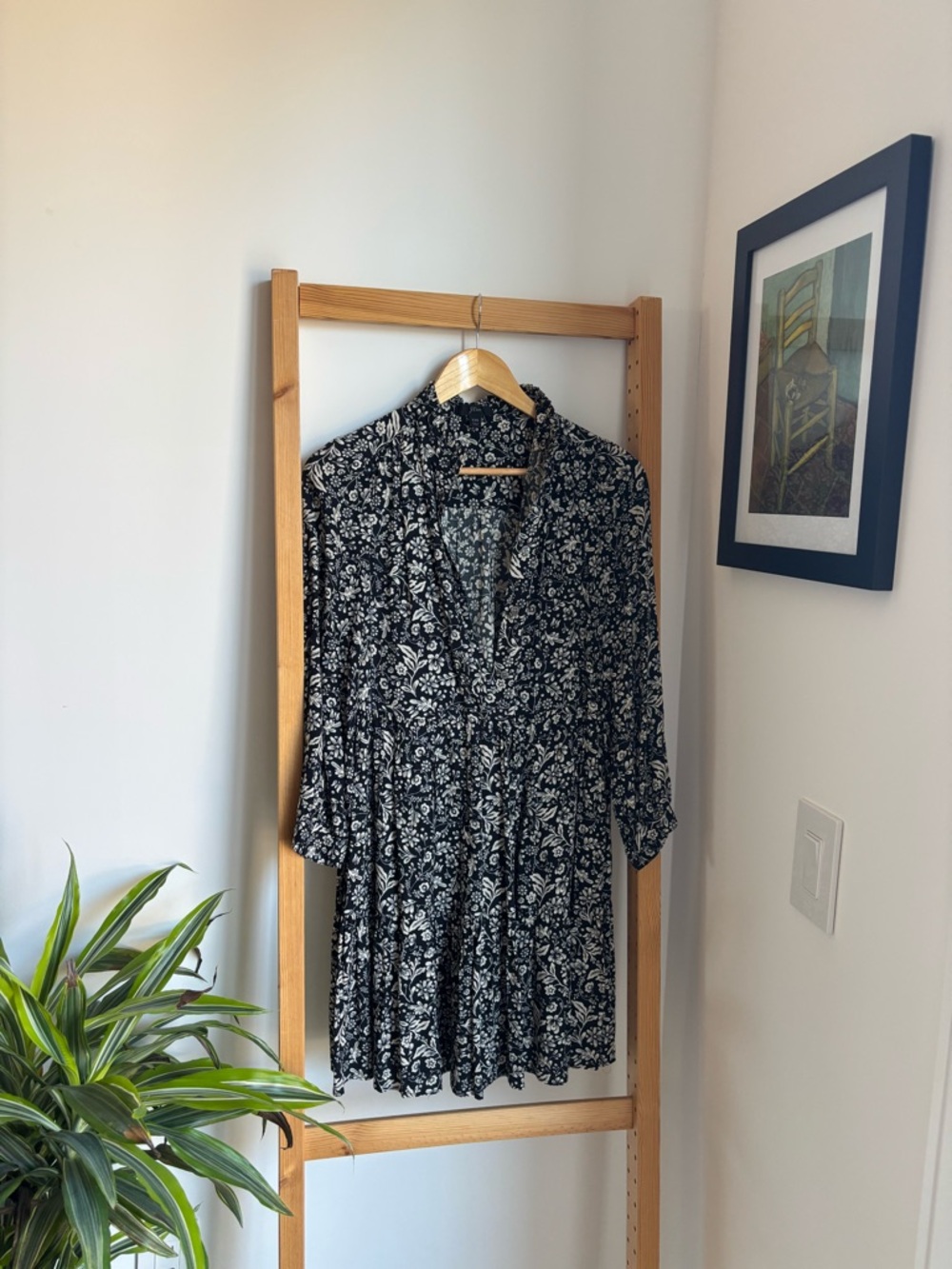 J. Crew Black and White Floral Long-Sleeve Dress